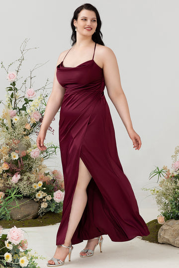 Burgunder sateng skjede Halter Plus Size brudepike kjole med spalt